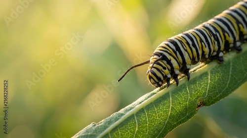 Striped caterpillar crawling along a fresh green leaf in the garden sunlight