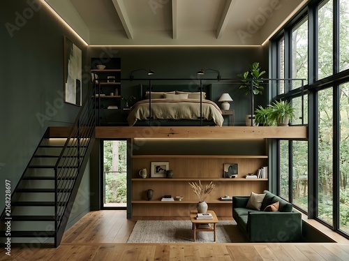 Modern Industrial Mezzanine Bedroom and Living Area Interior Design with Dark Green Walls and Large Windows Overlooking a Forest