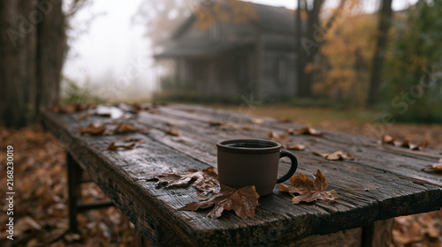 Hot Coffee Mug with Steam on Rustic Wooden Table Covered in Autumn Leaves with Foggy House Background