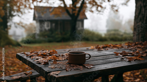 Steaming Coffee Mug on Wet Wooden Picnic Table with Fallen Autumn Leaves in Front of Misty Cabin