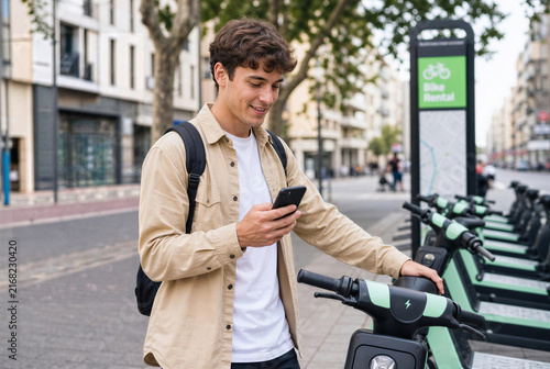 Young Man Unlocking Electric Scooter via Smartphone App on City Street