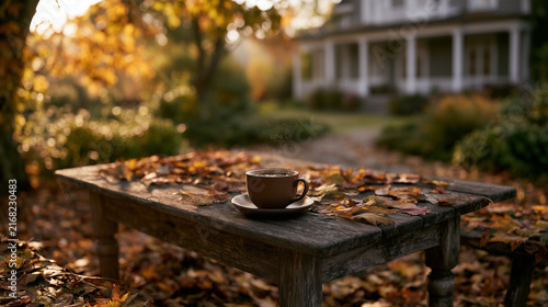 Steaming Coffee Cup on Weathered Wooden Bench Covered with Autumn Leaves in Backyard