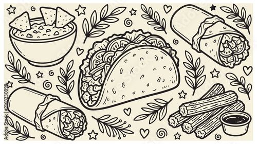 Mexican fast food doodle set with taco burrito nachos and churros vector illustration burrito sketch nachos bowl churros snack hand drawn culinary art restaurant