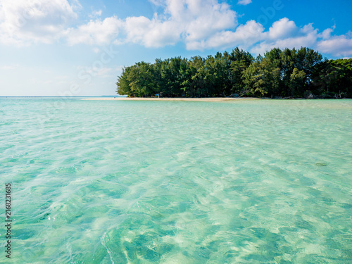 Gleyang Island, Karimunjawa, Indonesia, presents vibrant green trees framing a pristine sandy beach with incredibly clear turquoise water, reflecting a bright blue sky and tranquil natural beauty