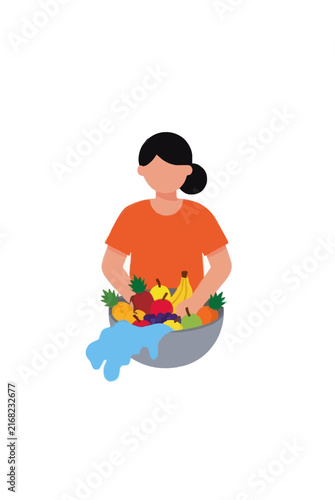 Vibrant hand-traced vector icon of a woman washing fresh fruit in a bowl, with colorful produce, flowing water, clean flat shapes, and a bright orange shirt on white