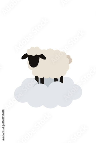 Hand-drawn vector illustration of a fluffy sheep with a black face standing above a soft gray cloud, whimsical pastoral icon design perfect for farm and countryside themes