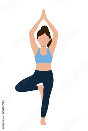 Hand-traced vector icon illustration of a female yoga athlete balancing gracefully in tree pose, wearing athletic sportswear with hands pressed together overhead in a serene meditation stance.