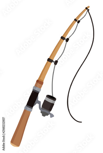 Hand-drawn wooden fishing rod with casting line and spinning reel vector icon illustration for outdoor sport graphics and tackle shop designs