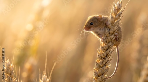 Tiny harvest mouse climbing on golden wheat stalk during sunset outdoor nature view