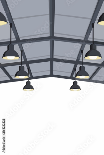 Industrial warehouse ceiling with hanging pendant lamps vector illustration, showcasing exposed metal beams, structural framework, and suspended dome-shaped luminaries casting downward light beams