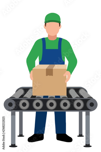 Hand-traced vector illustration of a warehouse worker in green shirt, blue overalls, and cap carefully placing a cardboard box onto a metal roller conveyor belt in a logistics setting