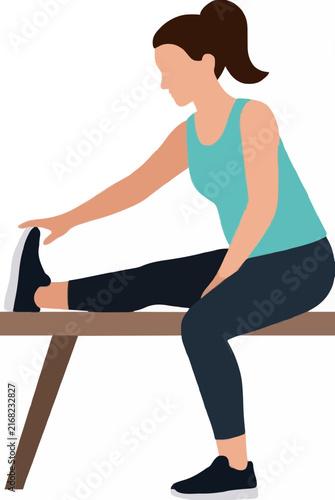Vivid flat vector illustration of a fit woman performing a seated leg stretch on a wooden bench, wearing teal tank top, dark leggings, and sneakers. Ideal vector icon for fitness, wellness, and