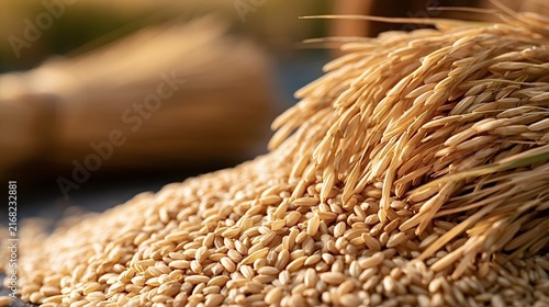 Golden rice grains spilling from a bundle of ears, showcasing a recent harvest and representing concepts of agriculture, food security, and natural abundance