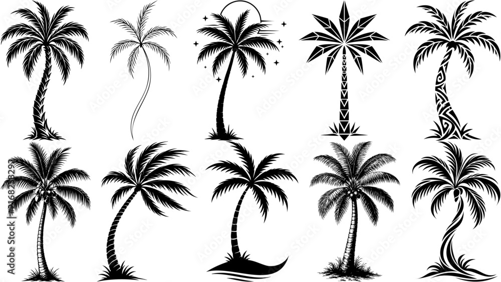 Fototapeta premium Vector tropical artwork with these bold Tattoo Style Palm Tree silhouettes set in solid black. Ideal for plants and trees collections, apparel designs, posters, branding, and vector projects.