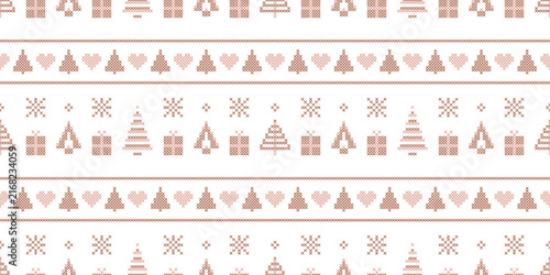 Cozy winter folk ornament cross stitch border vector pattern with Christmas tree motifs, simple geometric seamless ribbon decoration for rustic holiday branding and gift wrap