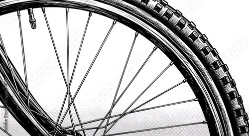 Graphic black and white illustration of bicycle wheel and knobby tire