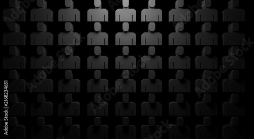 Grid of abstract faceless human figures on dark background