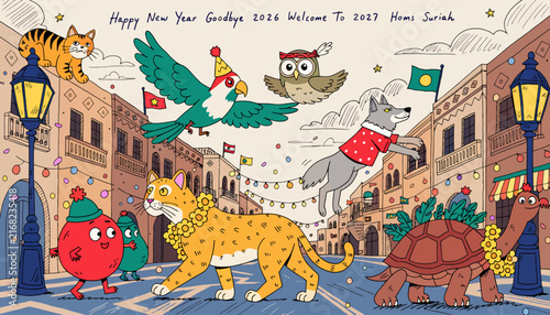 happy new year, animals in city street, celebration