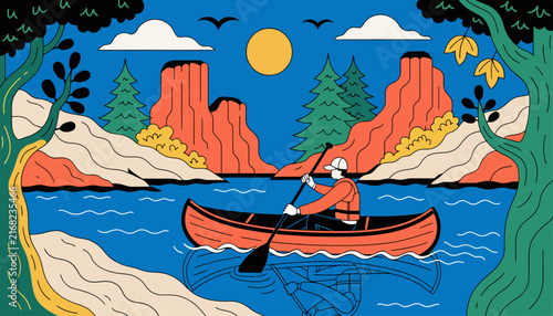 man canoeing on a river surrounded by mountains