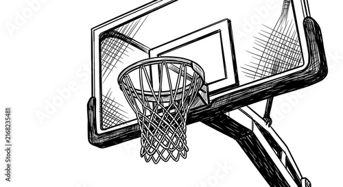 Hand-drawn sketch of basketball hoop and backboard with net