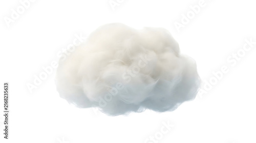 Fluffy white cloud isolated on white background, soft cotton-like cumulus cloud texture for sky replacement. Realistic atmospheric vapor element for weather forecasting and nature design.