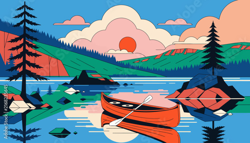 serene lake scene with canoe, sunset, and mountains