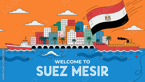 Welcome to Suez Mesir, Egypt cityscape with flag