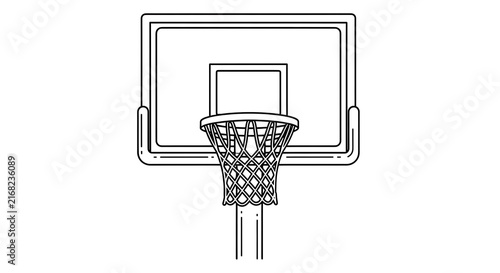 Line art illustration of a basketball hoop, backboard, and net