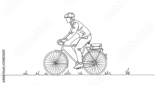 Man riding bicycle with bag in single continuous line drawing style