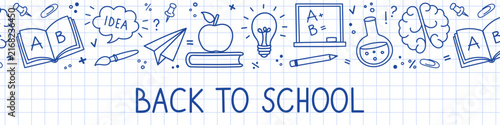 Back to School horizontal banner template with top doodle border on notebook grid paper background. Vector header for school stationery promos and educational sites
