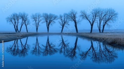 Peaceful, tranquil morning light reflects in still water, highlighting bare trees.