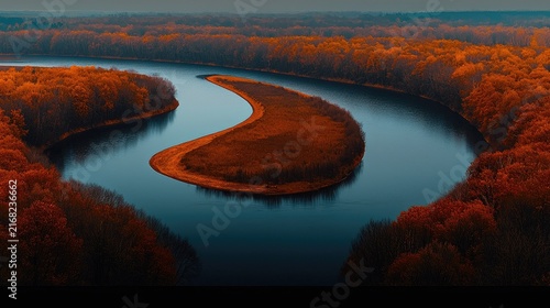 Autumnal river bend with fall foliage.