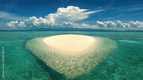 Pristine, secluded, tropical sandbar in turquoise water.