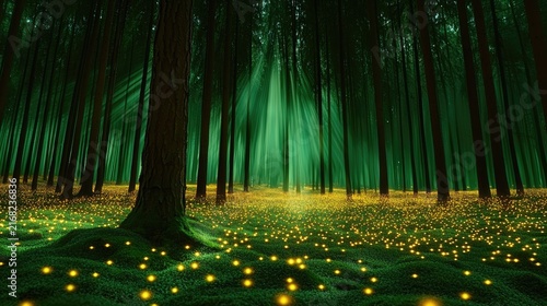 Enchanted forest floor, illuminated by beams of light.