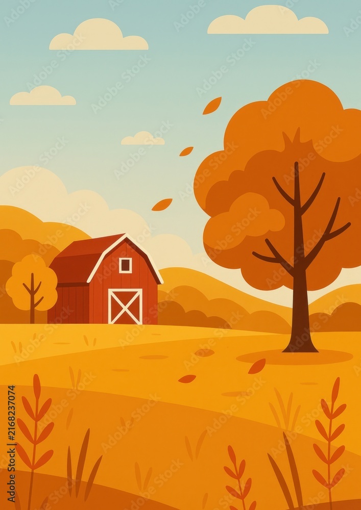 Naklejka premium Autumn farm landscape illustration