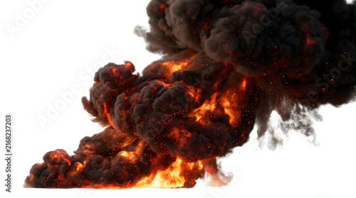 Explosion with thick black smoke and orange fire isolated on white background. Massive fire blast with billowing dark soot and glowing flames. Cinematic fireball effect for disaster and