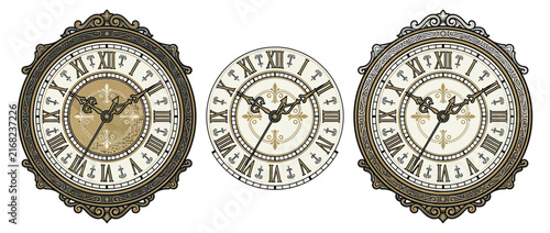 Vintage ornate clock faces with Roman numerals, isolated
