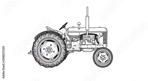 Vintage farm tractor line art illustration isolated on white background