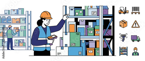 Warehouse worker scanning packages with barcode scanner