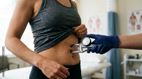 Close-up of female abdomen body fat measurement with skinfold caliper by gloved clinician in medical clinic, soft natural lighting, fitness and health assessment