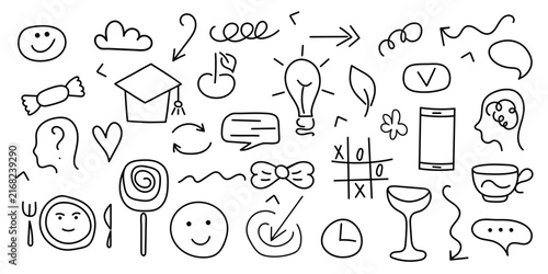 A set of handwritten scribbles and simple icons on a white background