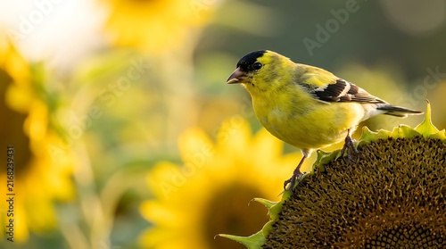 Vibrant yellow finch perched on a blooming sunflower head in summer sunlight
