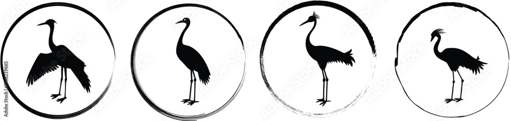 Naklejka premium Four circular featuring a black silhouette of a crane bird, isolated on a white background, set, nature