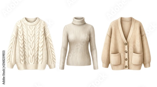 Cozy Neutral Autumn Sweaters Flat Lay Watercolor Illustration