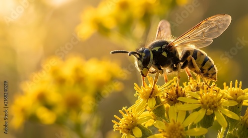 Wasp pollinating bright yellow wildflowers in natural sunlight