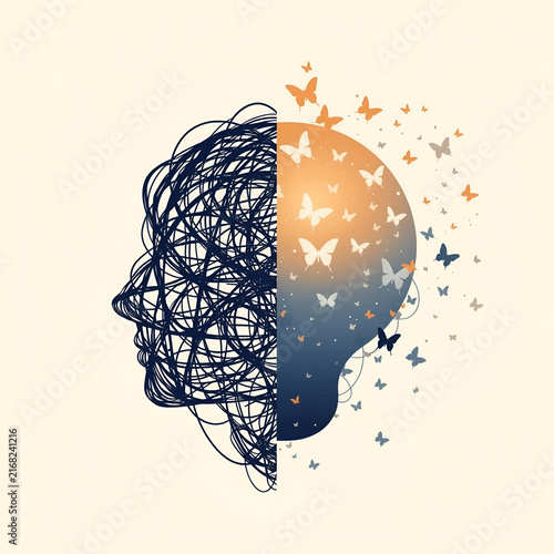 Mental Freedom Concept with Abstract Mind and Butterflies/ Creative Mind Breaking Free from Confusing Thoughts