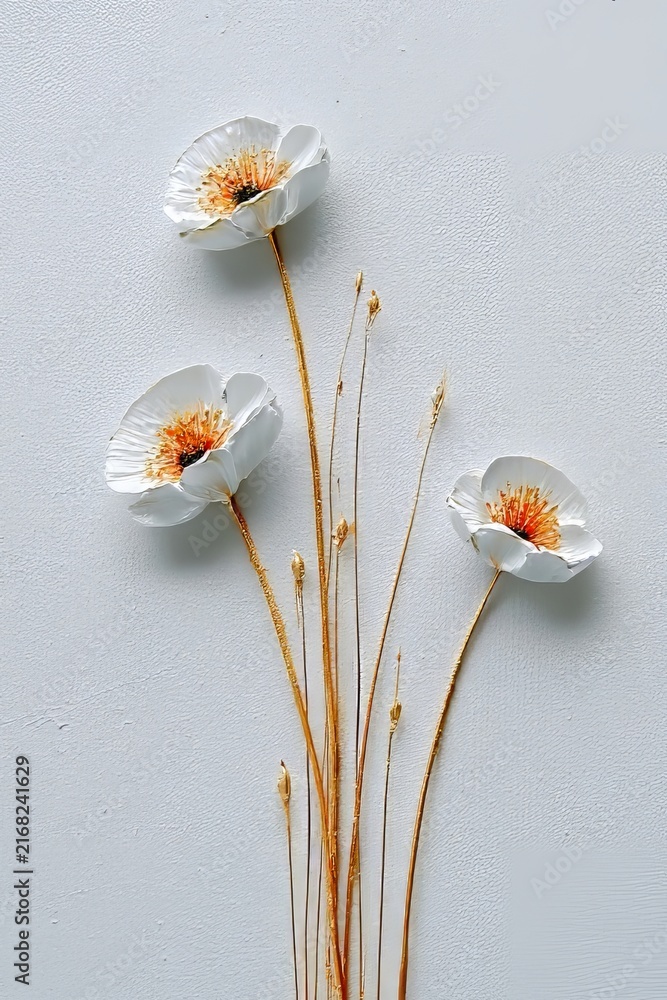 Fototapeta premium Charming Flat Lay Composition with Three Delicate White Wildflowers on Soft Paper Texture Background