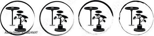 Four circular displaying a black silhouette of a bonsai tree in a pot on a base next to a tall pedestal table stand