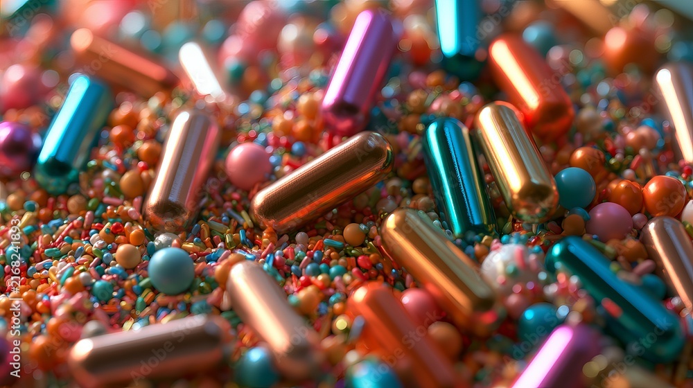 Fototapeta premium Shimmering capsules and vibrant sprinkles rest amidst a colorful sprinkle heap, concept for pharmaceutical innovation and joyful celebration themes