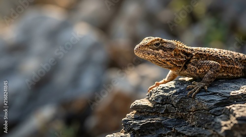 Wild reptile resting on dark volcanic rock in natural sunlight
